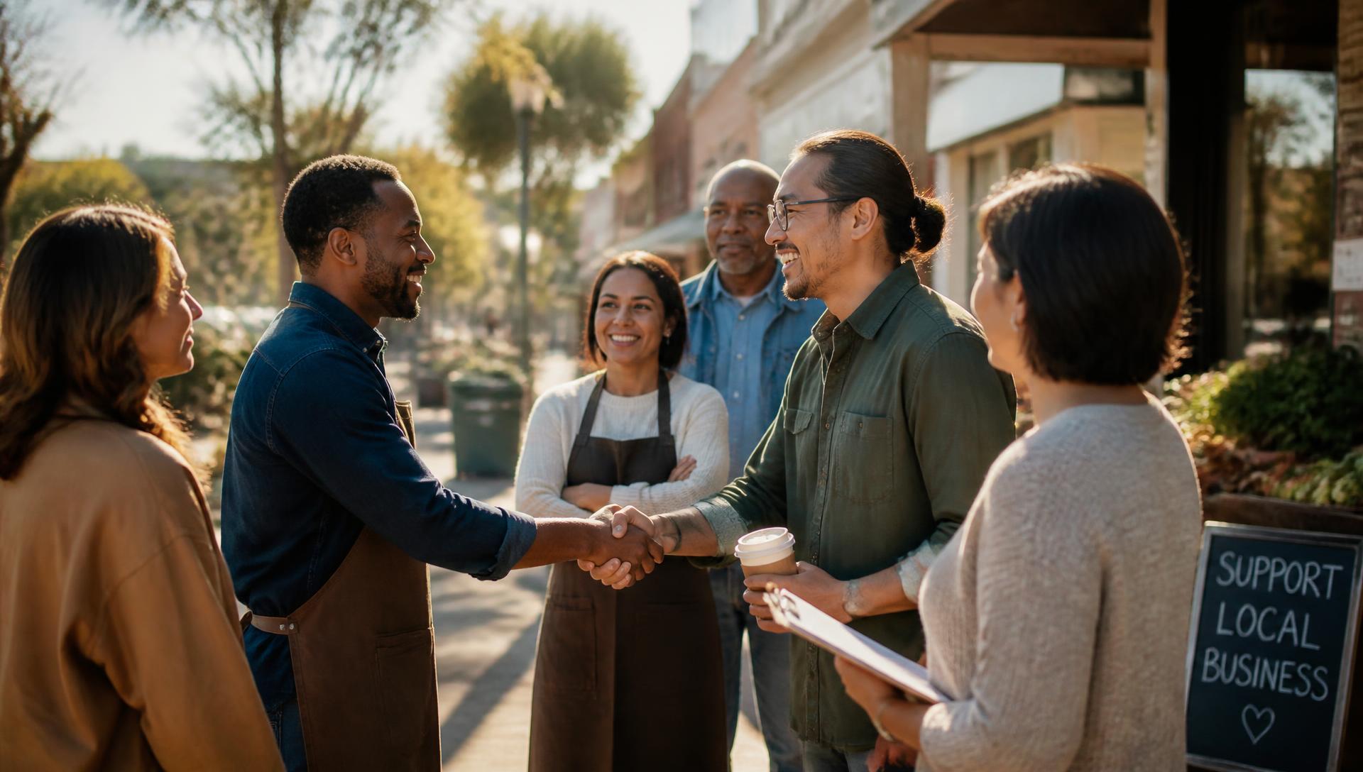 Local business owners and community members meeting on a neighborhood street